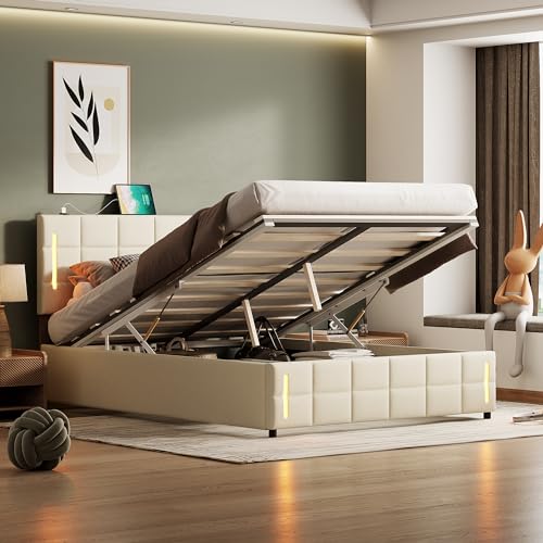 Full Bed with Storage, Full Size Upholstered Bed with Hydraulic Storage System, Lift Up Storage Bed with USB Ports, Heavy Duty Slat Support, No Box Spring Needed, Beige