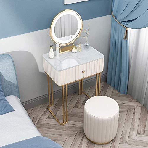 Luxury Dressing Vanity Table w/Stool for Bedroom, Dressing Table with Drawers, Vanity Table Set Makeup Table with Led Lighted Mirror, Touch Screen Switch & Cushioned(White,40x40x75cm)