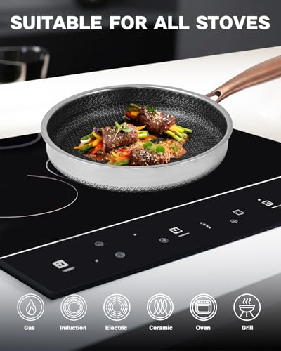 Frying Pans Nonstick, 12 inch Hybrid Non Stick Frying Pan with Lid, Stainless Steel Non Toxic PFOA Free Scratch-resistant Coating Skillets, Dishwasher & Oven Safe Induction Compatible Cookware