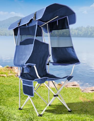 Beach Chair with Canopy Shade, Folding Camping Chair with Canopy with Cup Holder, Side Pocket for Camp, Beach, Tailgates, Fishing - Support 330 LBS