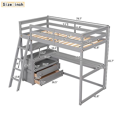Twin Size loft Bed with Desk Bookshelf and Wardrobe, Solid Wooden Frame with Secure Storage Stairs. Suitable for Adult and Teen Bedroom. (White#1)