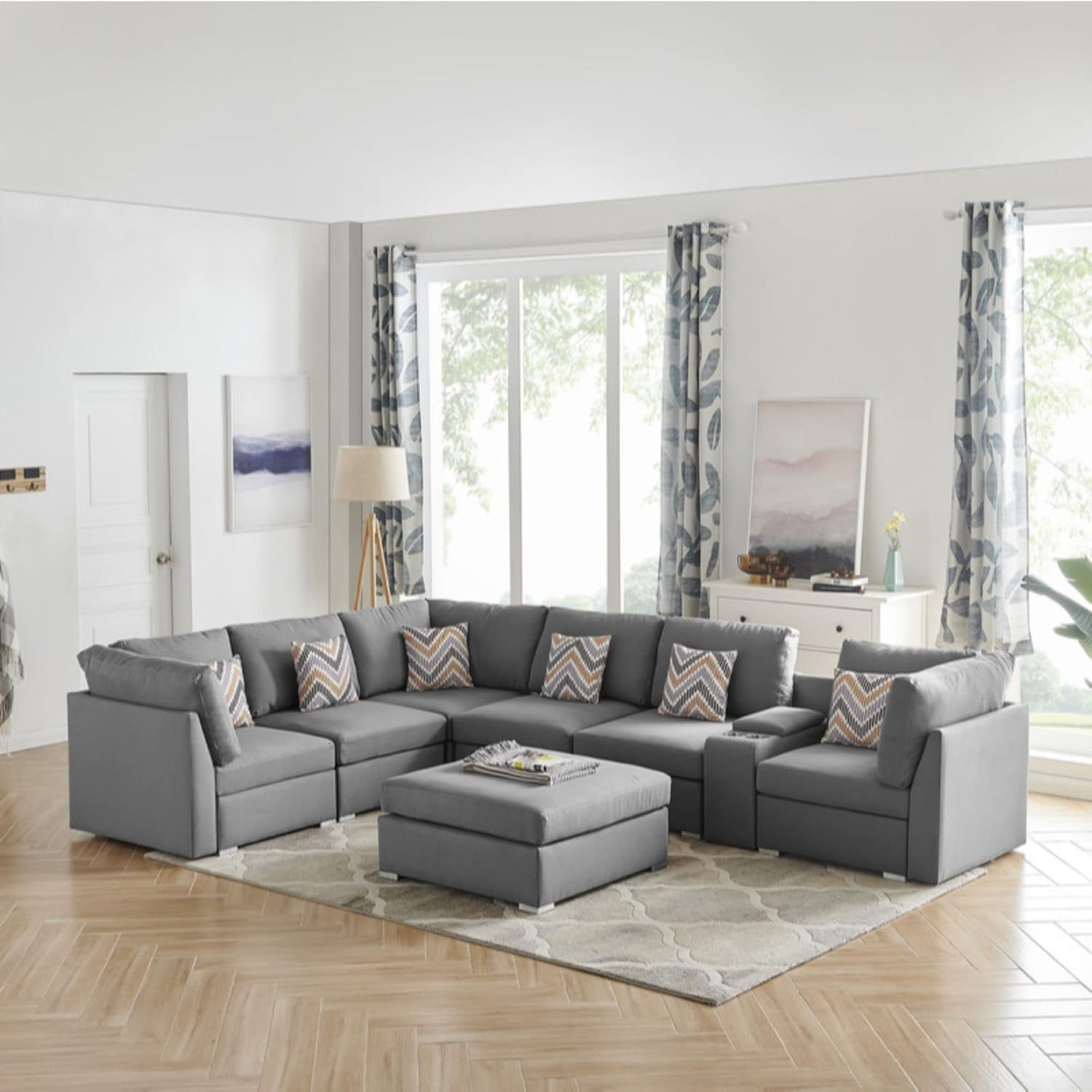 Lilola Home Amira Gray Fabric Reversible Modular Sectional Sofa with USB Console and Ottoman