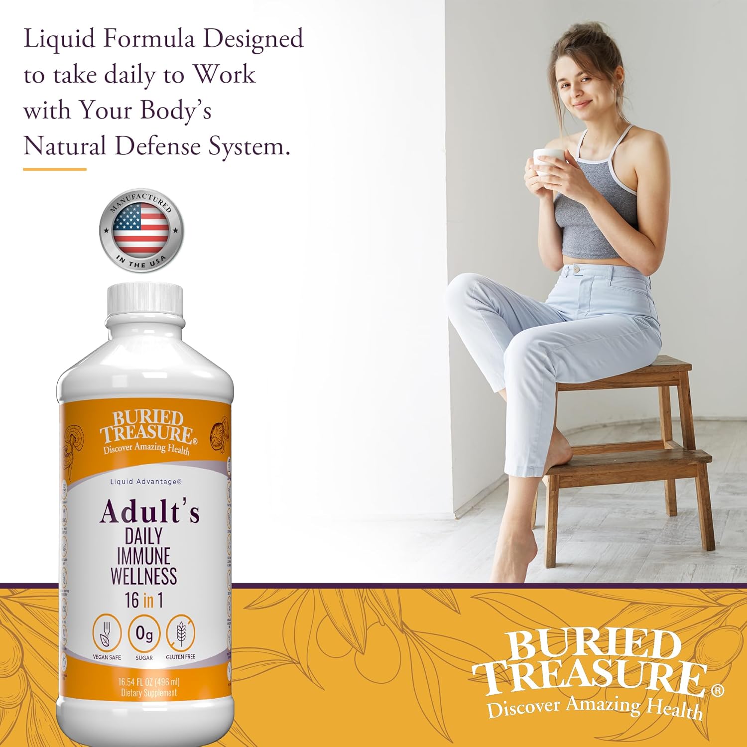 Buried Treasure Adult Daily Immune Wellness 16 Fl oz. Immune Booster with Elderberry Echinacea, Vitamins