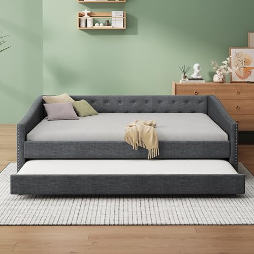Twin Size Daybed with Storage, Upholstered Day Bed Frame with 2 Drawers and Button Tufted Backrest,Wood Slat Support,No Box Spring Needed,Light Grey
