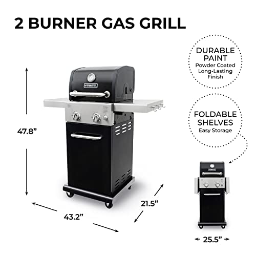 Permasteel 2-Burner Gas Grill, Foldable Side Tables, Grilling Tool Hooks, Propane Gas Barbecue Grill, Black with Copper Accent