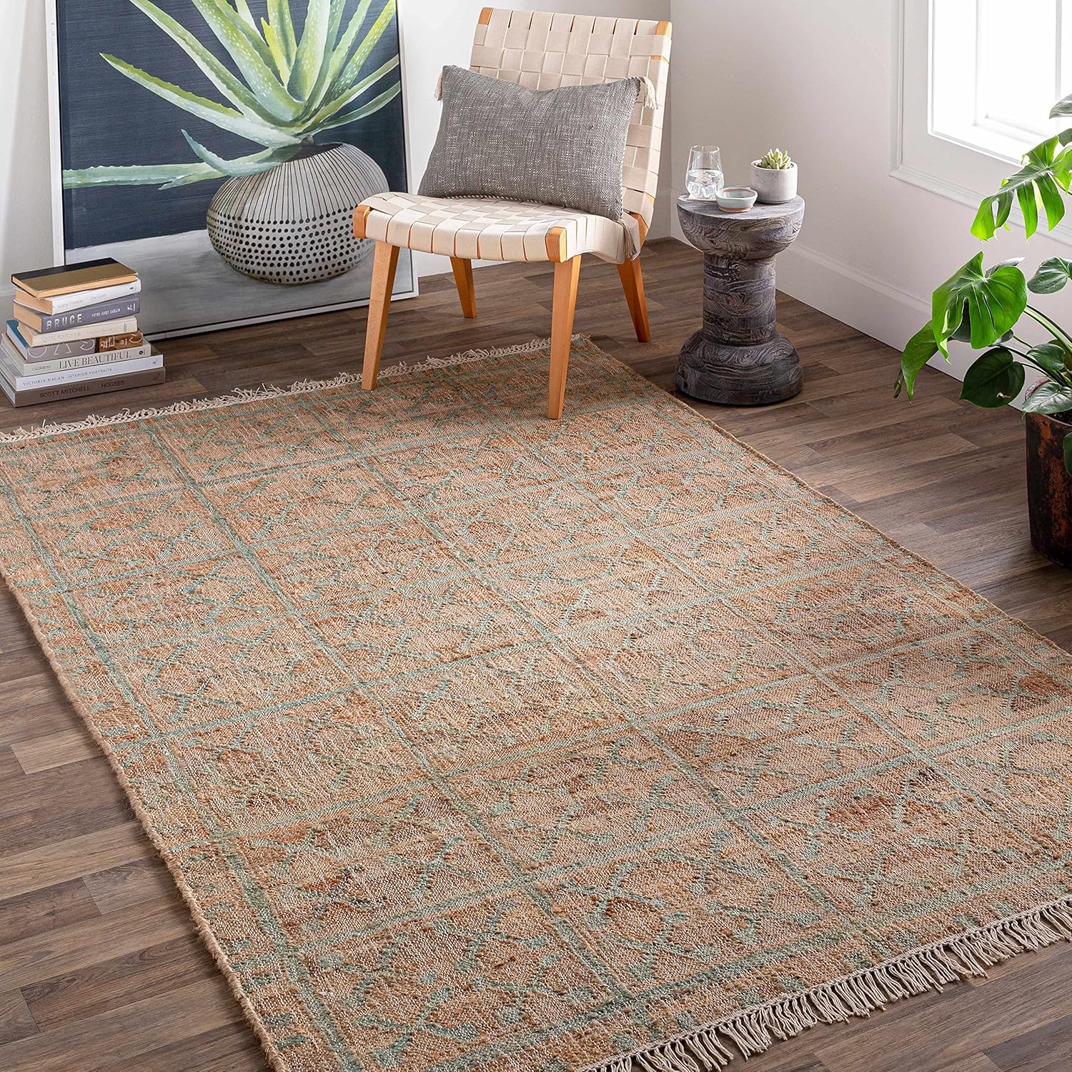 Hauteloom Rice Dusty Sage Jute Living Room, Bedroom Area Rug - Natural Fiber - Beige, Green - 5' x 7'6