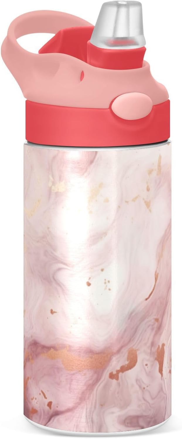 Small Water Bottle for Kid 12oz Pink Gold Marble Insulated Bottles with Straw Lid Stainless Steel Tumbler Vacuum Cup Thermal Bottles