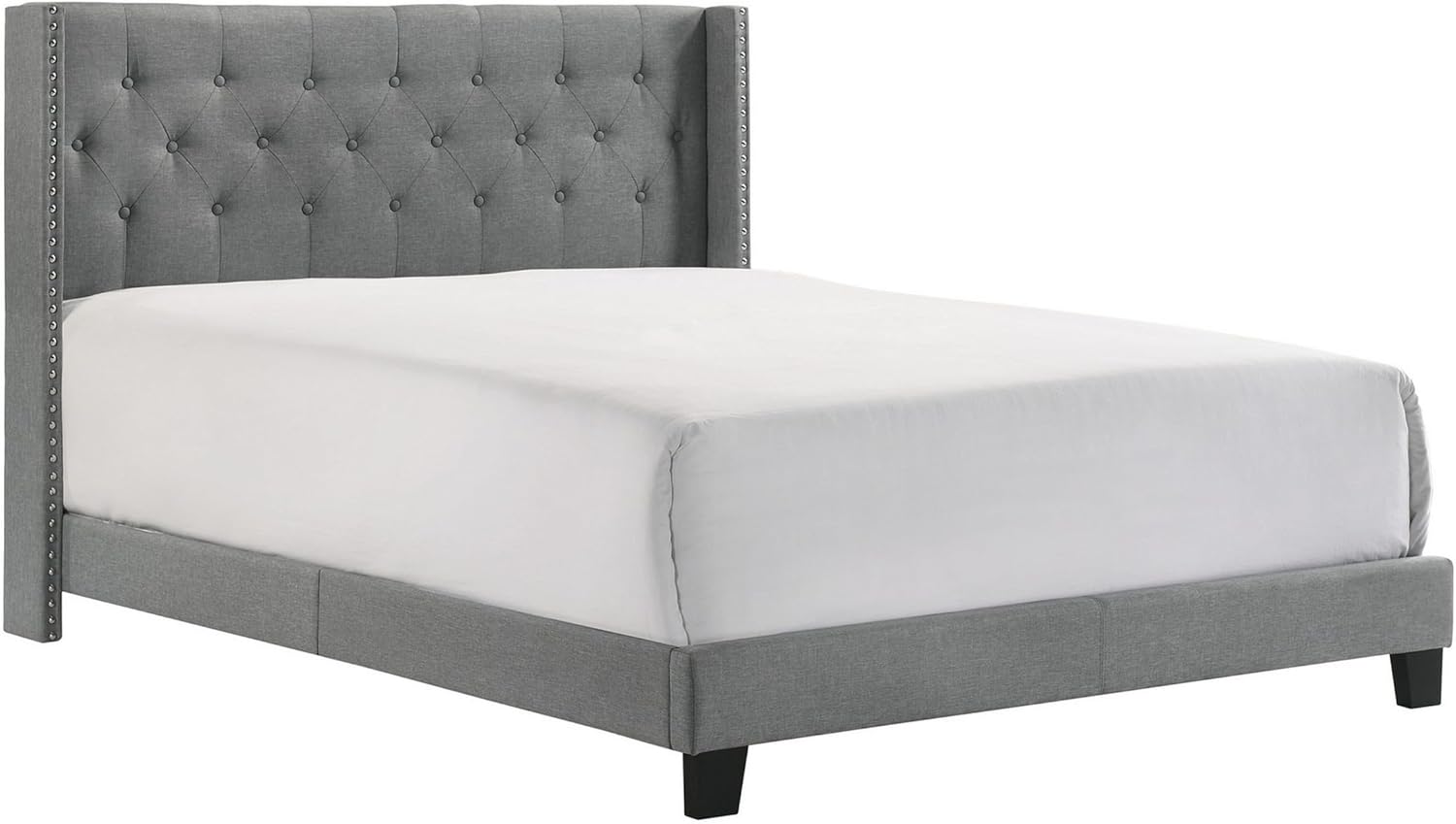 Benjara Lih Modern Wingback Queen Bed, Button Tufted Headboard, Nailhead Trim, Gray, Black