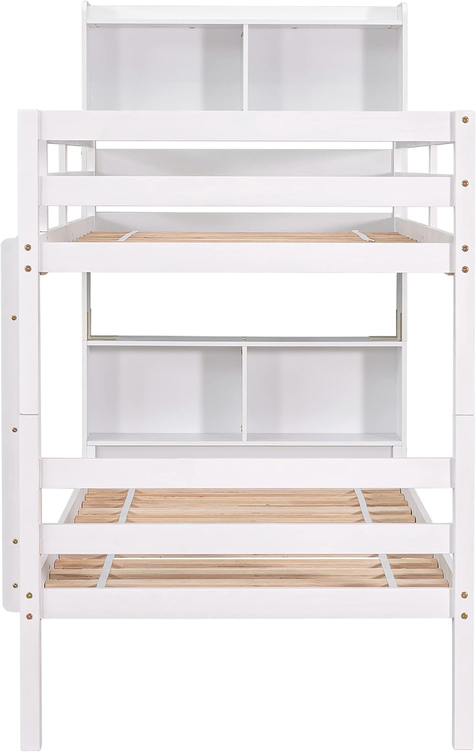 Twin Over Twin Bunk Beds with Bookcase Headboard, Solid Wood Bed Frame with Safety Rail and Ladder, Kids/Teens Bedroom, Guest Room Furniture, Can Be converted into 2 Beds, White