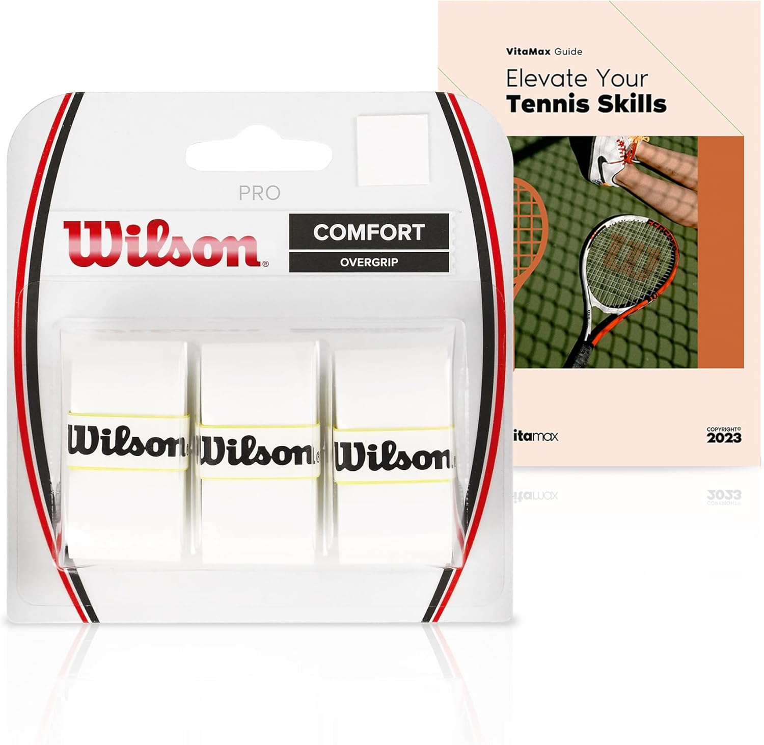 Wilson Tennis Racket Overgrip Ultra Wrap, White - 3 Pack + Exclusive Elevate Your Tennis Skills VitaMax Guide (2 Items Total)