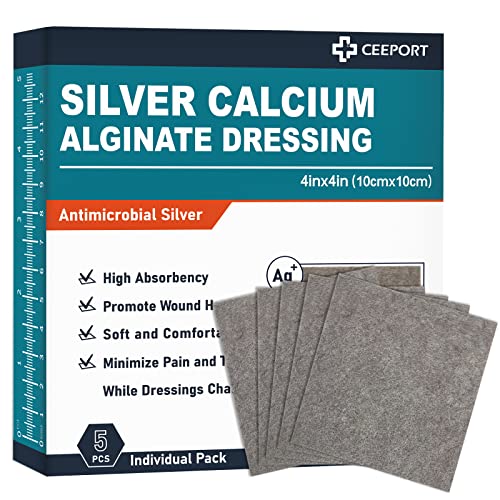 Silver Calcium Alginate Wound Dressing 3'' x 3'', 5 Individual Pack, Highly Absorbent Dressing Gauze, Soft and Comfortable Silver Dressing for Wound Care, Non Stick Pads for Wounds
