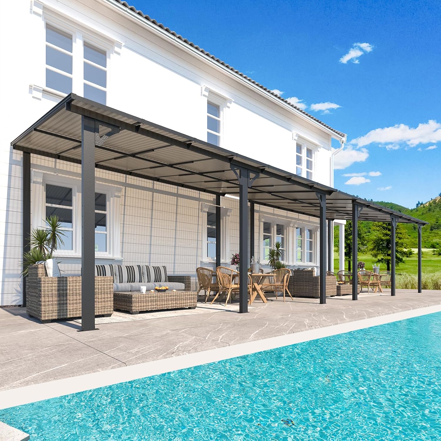 AECOJOY 28' x 10' Gazebo for Patio, Large Wall-Mounted Hard Top Lean-to Gazebo Pergola with Roof 10' x 28' on Clearance, Heavy Duty Patio Awnings for Decks, Backyard