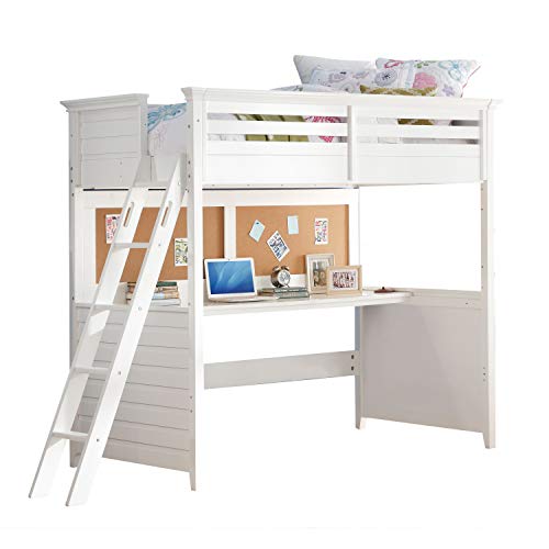 Twin Loft Bed with Desk, Cork-Board Panel, Reversible Side Ladder, Full Length Guard-Rail and 14 Slats Support, 165lbs Weight Capacity