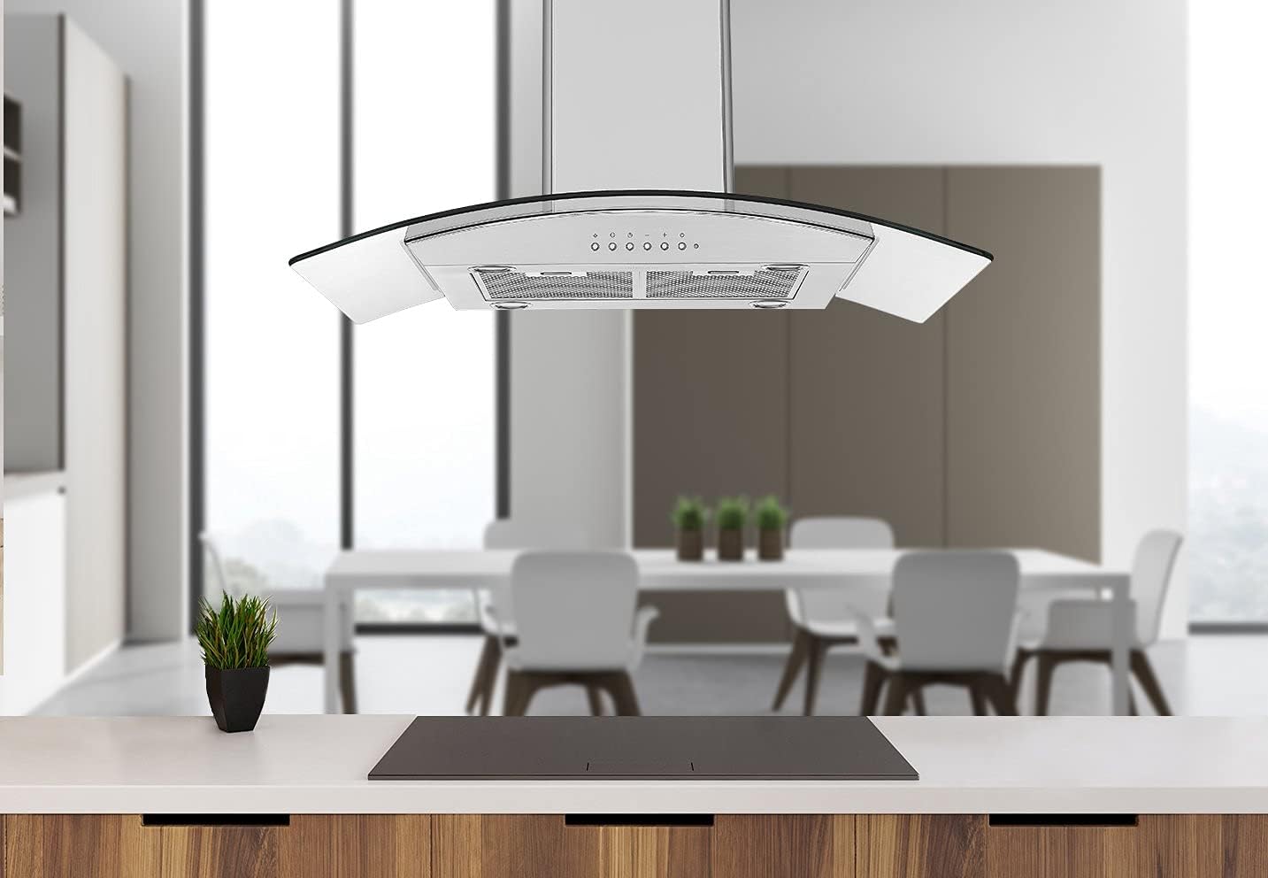 Ancona AN-1421 36” 450 CFM Convertible Island Glass Canopy Range Hood with Auto Night Light in Stainless Steel