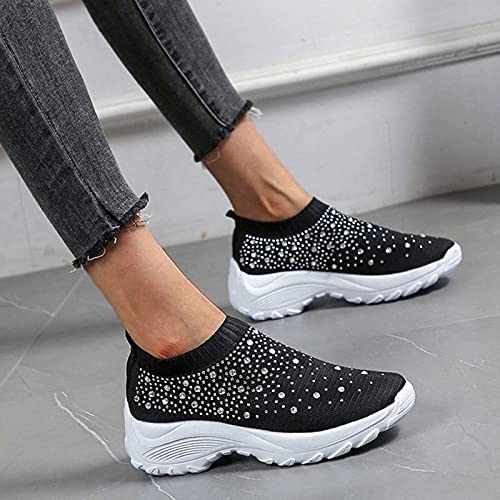 Women’s Sparkly Rhinestones Slip On Mesh Sock Sneakers Breathable Non-slip Running Shoes Laceless Comfort Lightweight Walking Shoes for Summer Casual Working Gym Tennis Athletic Indoor Outdoor