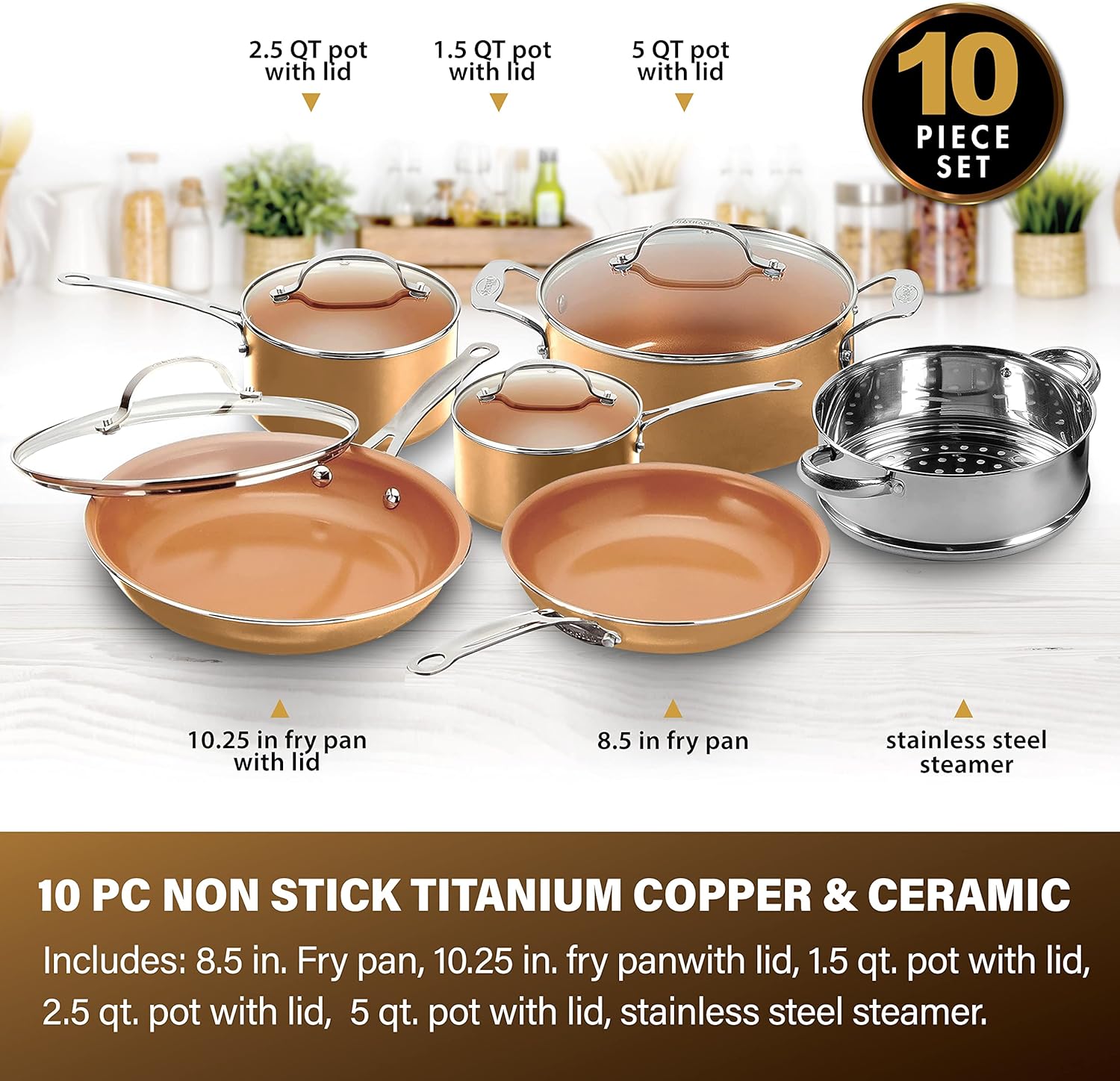 Gotham Steel 10-Piece Kitchen Set with Non-Stick Ti-Cerama Coating by Chef Daniel Green - Includes Skillets, Fry Pans, Stock Pots and Steamer Insert – Copper