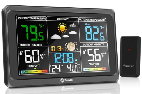 Geevon Weather Station Wireless Indoor Outdoor Thermometer, Large Color Display Weather Thermometer with Barometer, USB Charging Port and Adjustable Backlight (Weather Station with 1 Sensor)