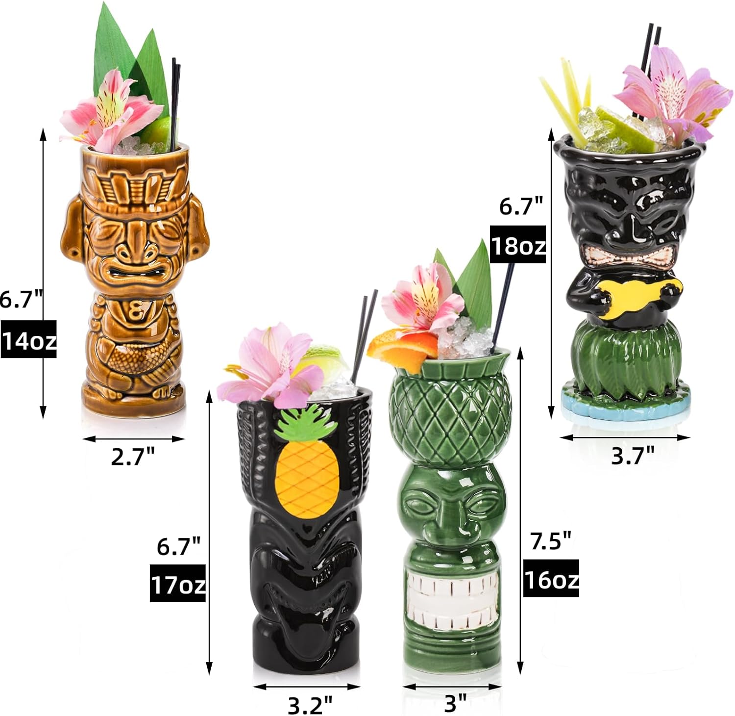 4 Pack Ceramic Tiki Mugs, Large Hawaiian Tiki Glasses, Exotic Zombie Drinking Tumbler Cups, Tiki Bar Professional Barware for Cocktail, Mai Tai, Whiskey, Rum, Vodka, Party Decorations