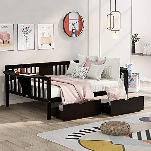 Full Size Daybed with Storage Space and 2 Drawers, Platform Full Size Sofa Bed with Wood Slat Support, for Bedroom, Living Room, No Spring Box Needed, Easy Assemble