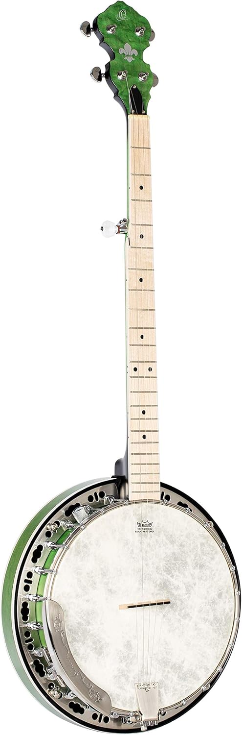 Ortega Guitars Facon Falcon Series 5-String Quilted Maple Resonator Acoustic-Electric Banjo w/Bag, Right, Transparent green, one size (OBJE400TGR)