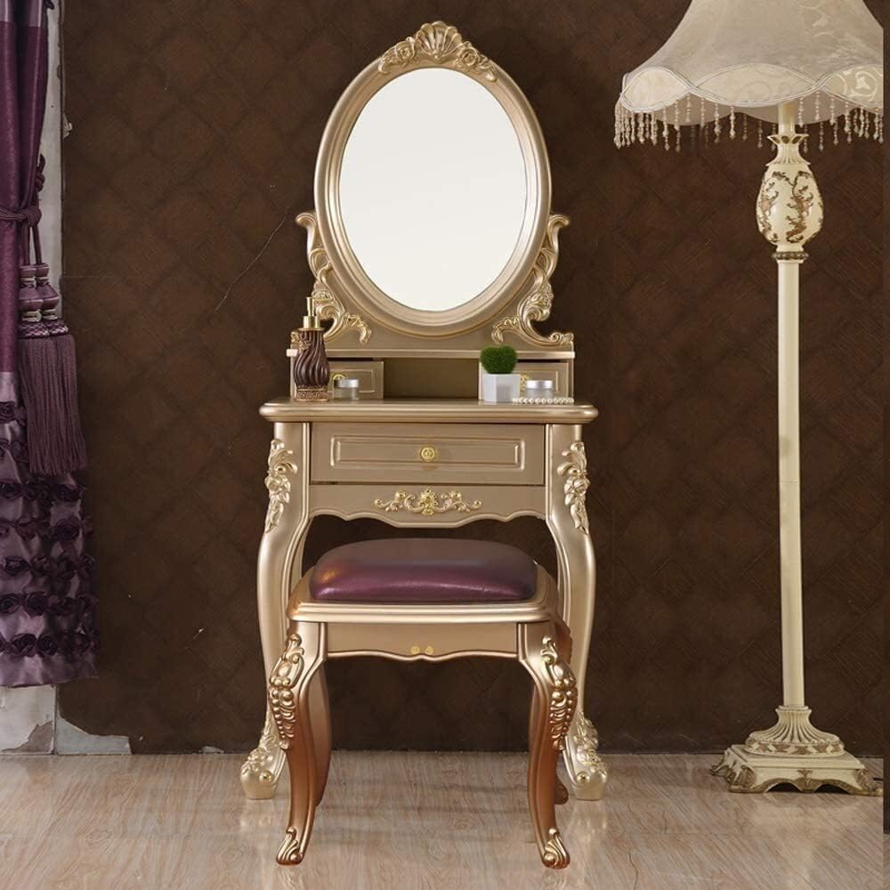Luxury Dressing Vanity Table w/Stool for Bedroom, European Modern Light Luxury Dressing Table Bedroom Champagne Gold Mini Solid Wood Dressing Table