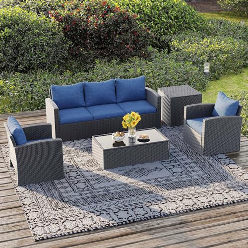 6 Pieces Patio Furniture Set, All Weather PE Wicker Rattan Outdoor Furniture with Coffee Table, Loveseats and Storage Box, Outdoor Sectional Sofa for Lawn Backyard Porch Garden, Grey