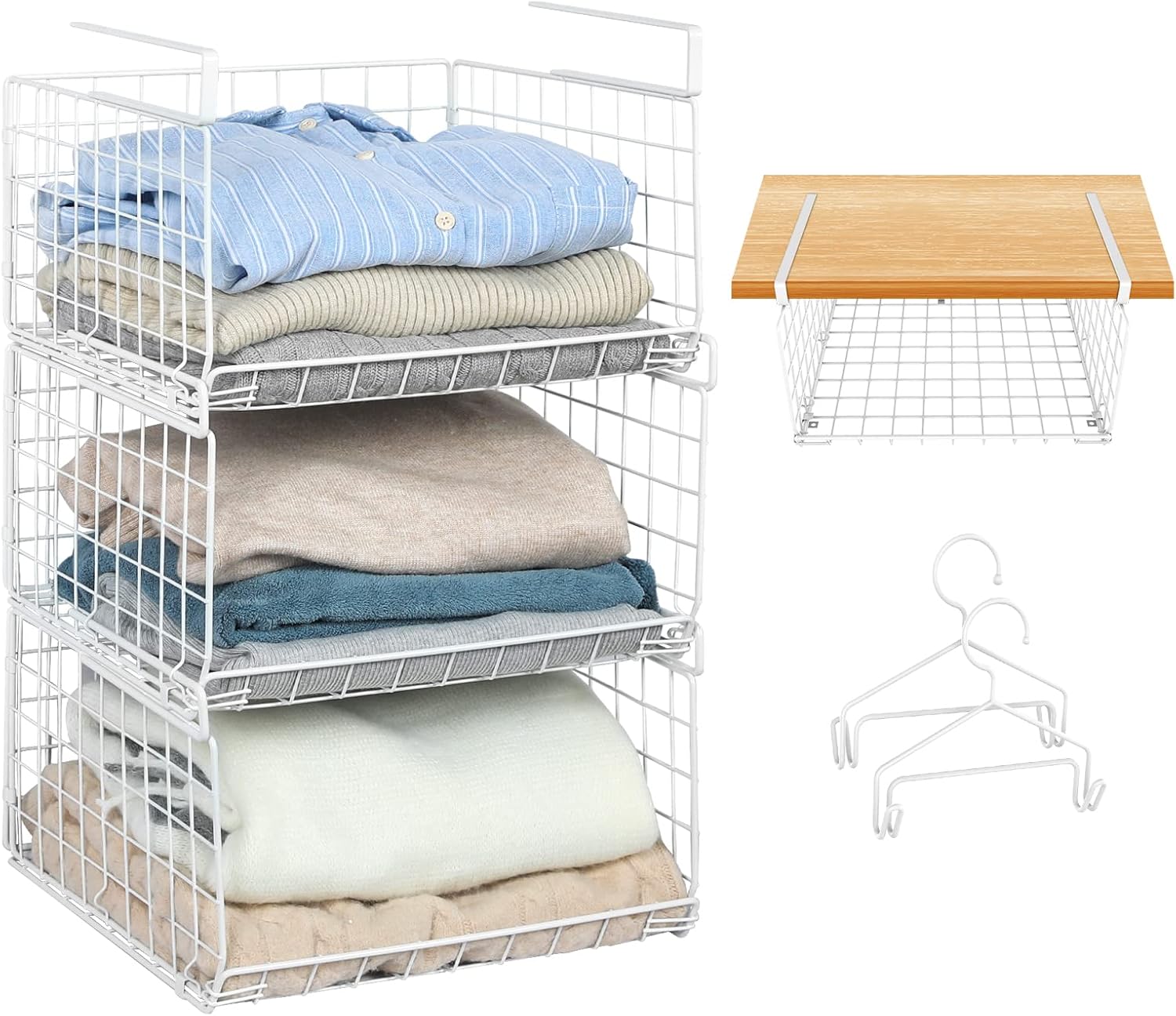 3-Tier Under Closet Shelf Basket Hanging Clothes Storage Organizer Space Saving Slides Under Shelves Stackable Cabinet Bins Foldable Metal Wire Rack with 2 hooks for Clothing Sweaters Bedroom