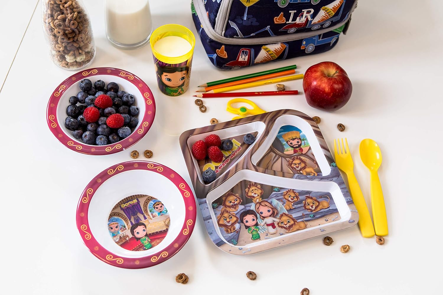 He Loves Me Kids Feeding gifts Set Daniel 4 Piece Sets Toddler Dishes Multicolor, BPA Free, Kids Dinnerware Sets Includes Divided Plate, Round Bowl, Round Plate and Children’s Tumbler Cup