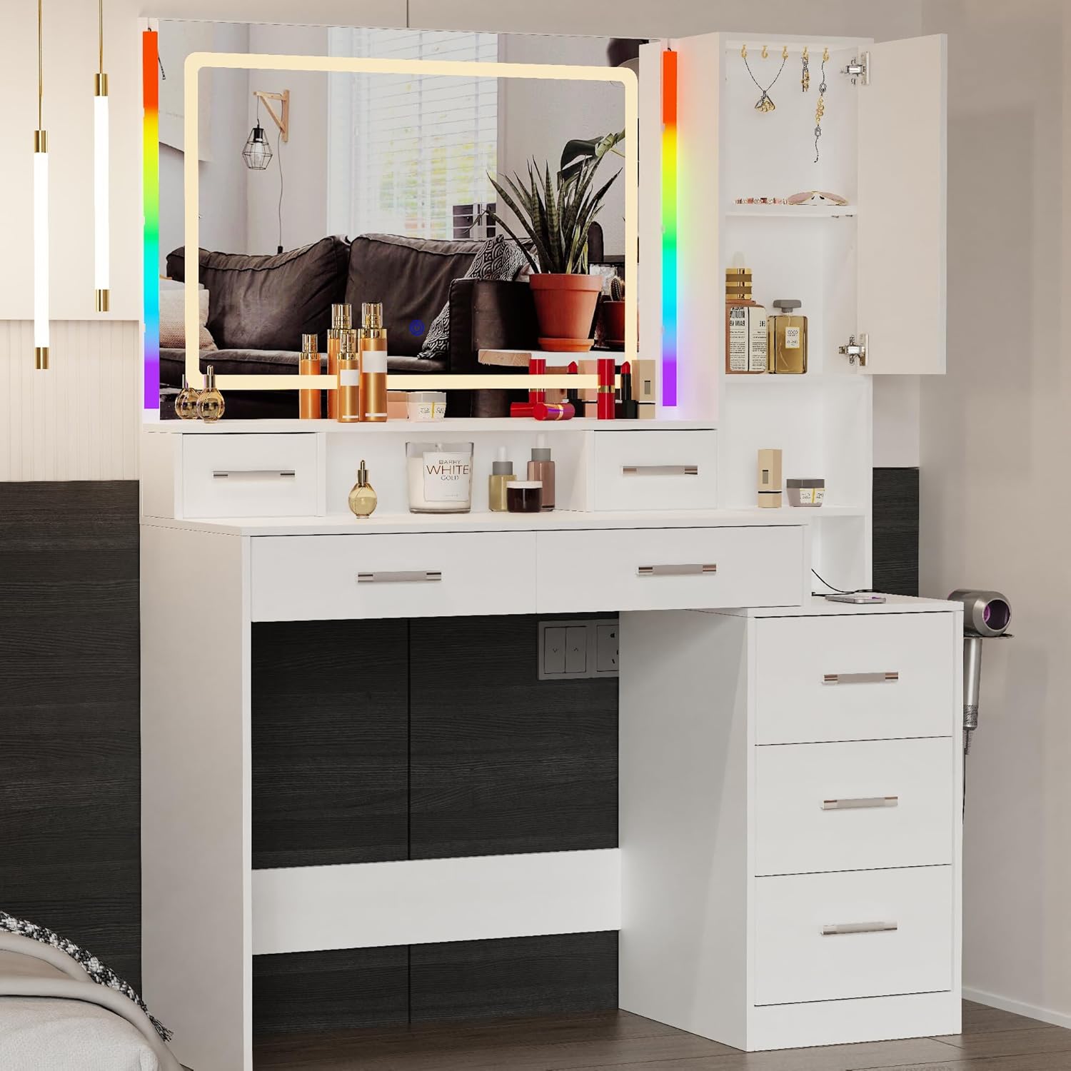 Vanity Desk with Mirror and Lights, 43.3'' Large Makeup Vanity Table with Ambient Light 3 Lighting Modes Brightness Adjustable, Dressing Table with with Charging Station,7 Drawers