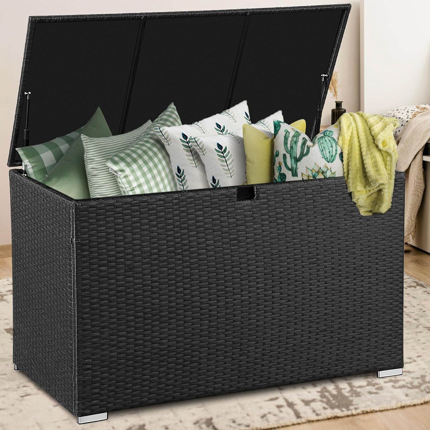 140 Gallons Patio Storage Deck Box Wicker Storage Box Outdoor Cabinet Waterproof for Patio Furniture Cushions, Pool Toys, Garden Tools-Black