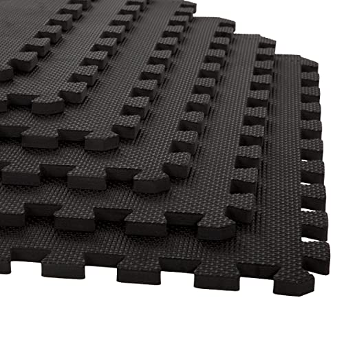 EVA Foam Mat Tiles 4-Pack - 16 SQ FT of Interlocking Padding for Garage, Playroom, or Gym Flooring - Workout Mat or Baby Playmat by Stalwart (Black)