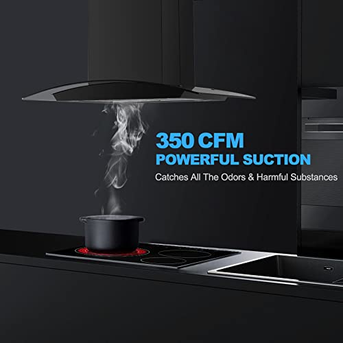 30 Inch Island Range Hood, thermomate 350 CFM Black Stainless Steel Stove Vent Hood with 4 LED Lights, 3 Speed Exhaust Fan with Touch Control, Ducted/Ductless Convertible, ETL Certified