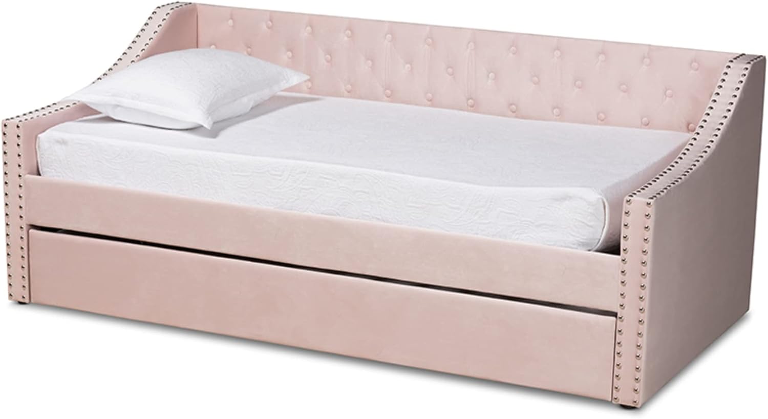 Baxton Studio Raphael Modern and Contemporary Pink Velvet Fabric Upholstered Twin Size Daybed with Trundle