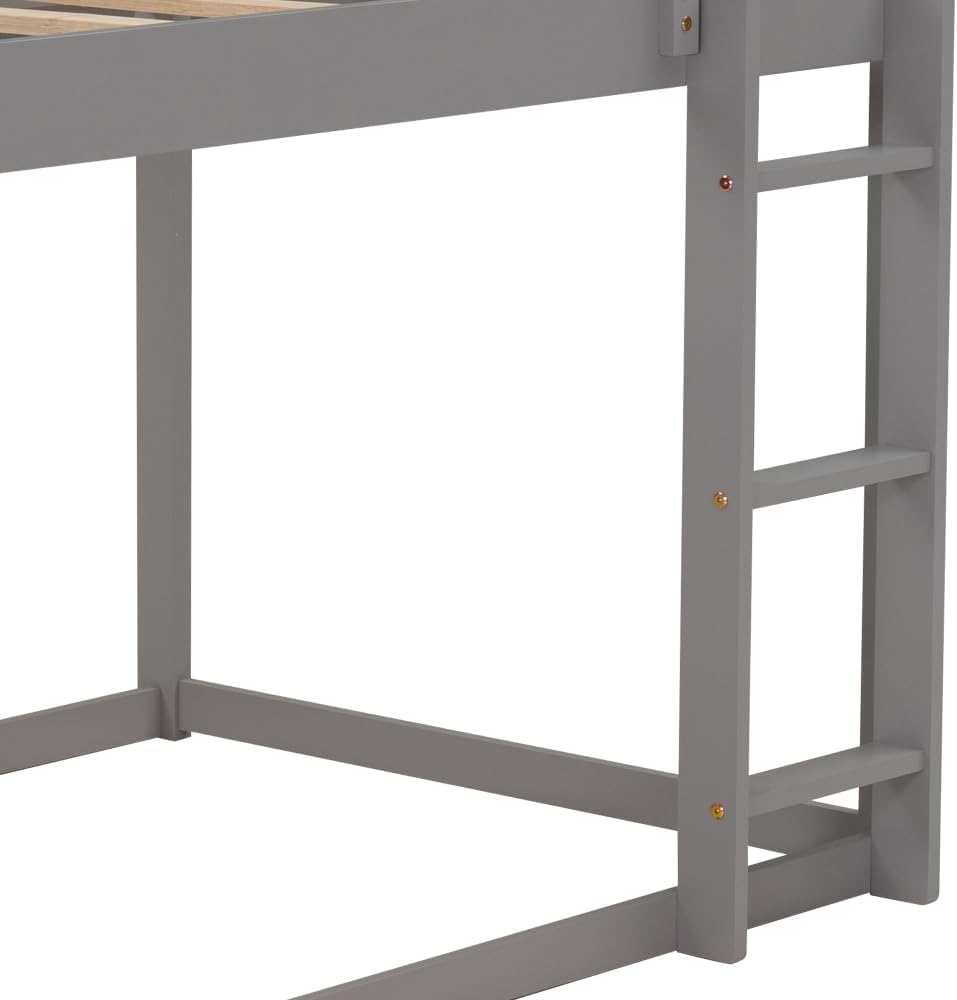 Twin Over Twin Low Bunk Bed, House Bed with Ladder, Gray 1-Numbers of Package Pine Wood+MDF 14pcs 77.3