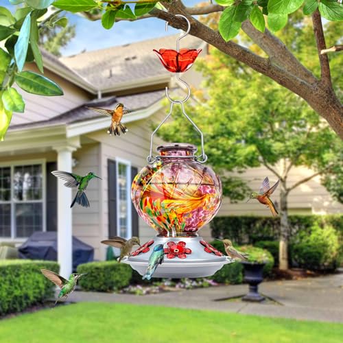BOLITE Hummingbird Feeder, Hand Blown Glass Hummingbird Feeders for Outdoors Hanging, 22 Ounce, 5 Feeding Ports with Perch, Peony Flower Shape, Purple