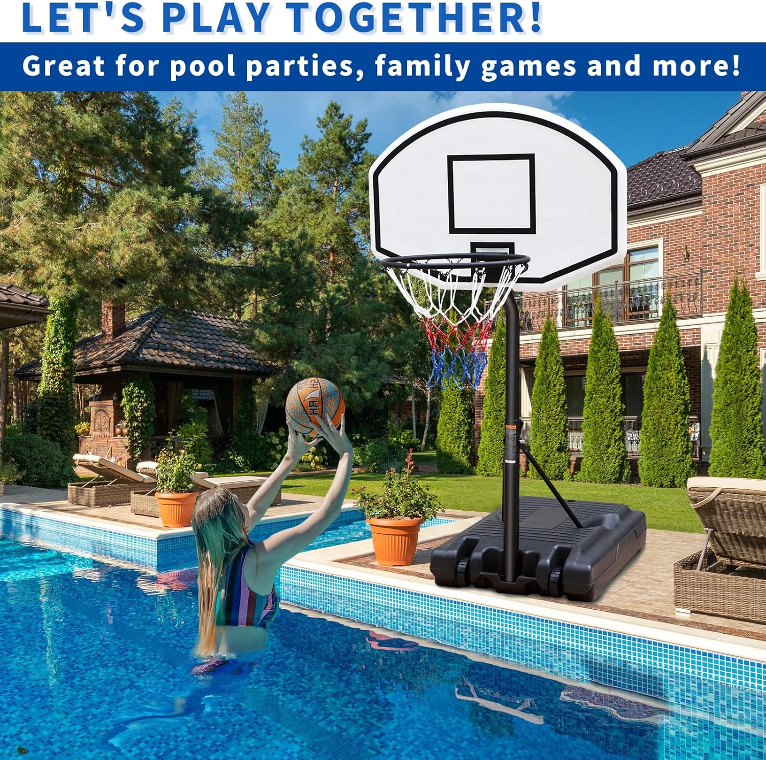 Pool Basketball Hoop, 3.1-4.7ft Easy Adjustable Basketball Goal, Portable Poolside Basketball Hoop & Goal System for Indoor Outdoor Use
