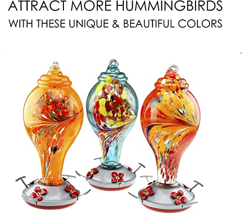 Hummingbird Feeder with Perch | Hand Blown Bulb Glass in Red | 34 Fluid Ounces Humming Bird Nectar Capacity with Hanging Metal Wires and Ant Moat Hook