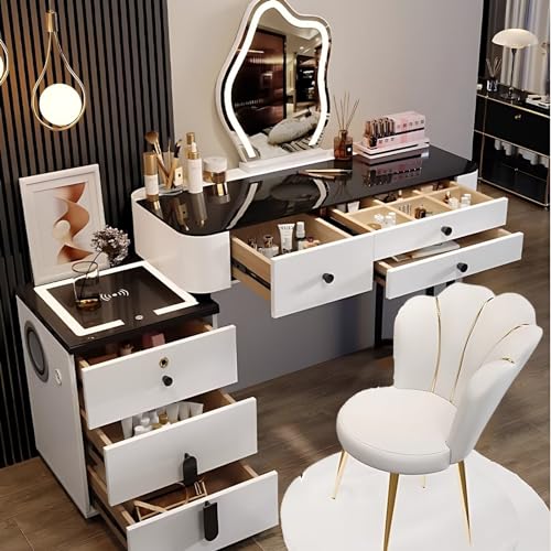 Vanity Desk - Luxury Makeup Vanity with Fingerprint Unlocking & Makeup Chair, Bedroom Dressing Table with Smart LED Mirror and 6 Drawers (White Golden,31.5'')