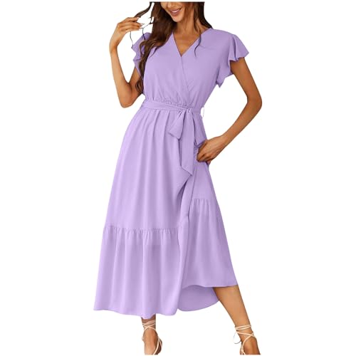 Summer Dresses for Women 2024 Floral Wrap V-Neck Cap Sleeve Belted Sundresse Casual Ruffle Hem A-Line Maxi Dresses