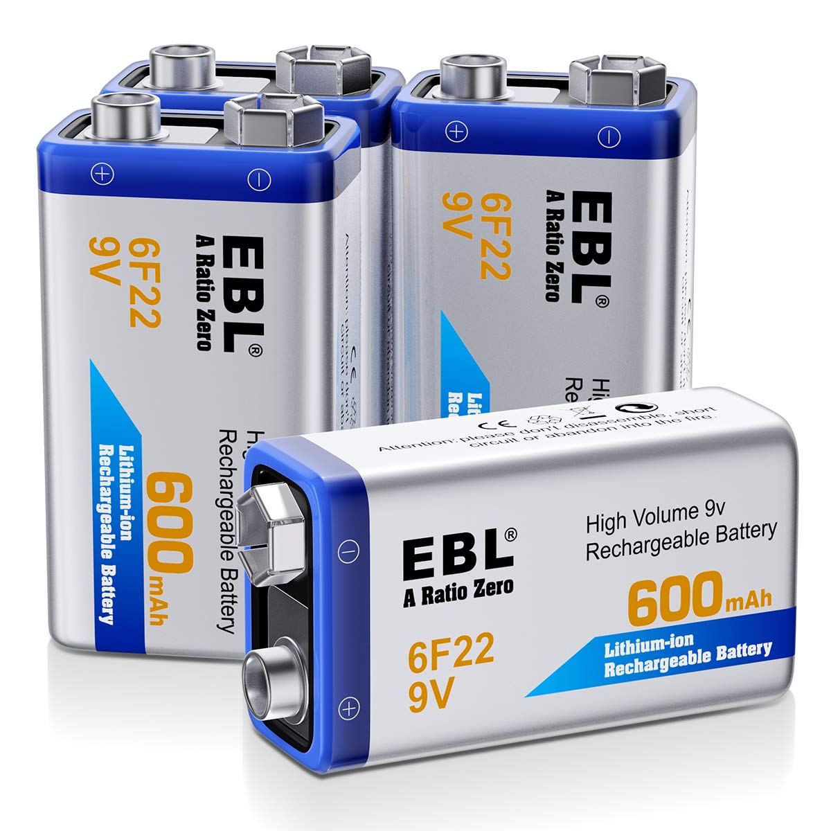 EBL 9V Rechargeable Batteries 9 Volt Lithium ion 600mAh Li-ion Batteries (4-Packs)