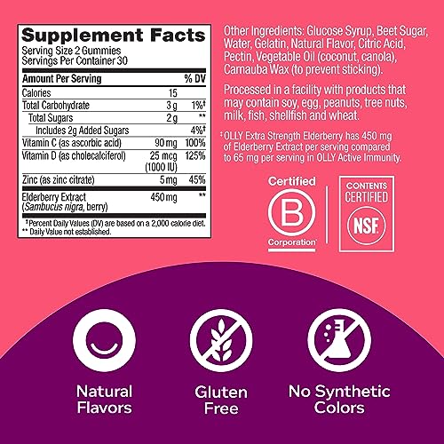 OLLY Extra Strength 450mg Elderberry Immune Gummies, 36 Count Laser Focus Ginseng Alpha GPC Gummies