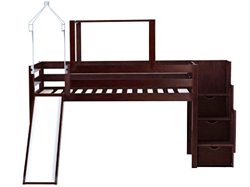 JACKPOT Castle Low Loft Stairway Bed with Slide Blue & White Tent and Tower, Loft Bed, Twin, Gray