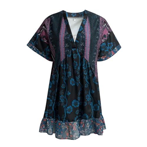 Women Bohemian Floral Mini Dress Boho Puff Sleeve V Neck Dress 2024 Summer Beach Short Dress Maxi Dresses Women