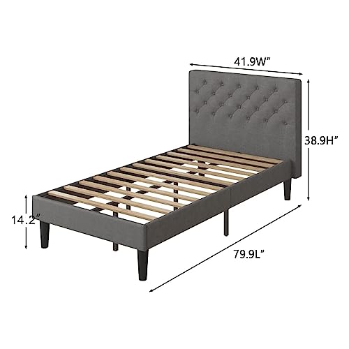 4 EVER WINNER Twin Bed Frames with Headboard, Upholstered Twin Size Platform Bed Frame with Button Tufted, Solid Wood Slat Support, No Box Spring Needed, Easy Assembly, Grey