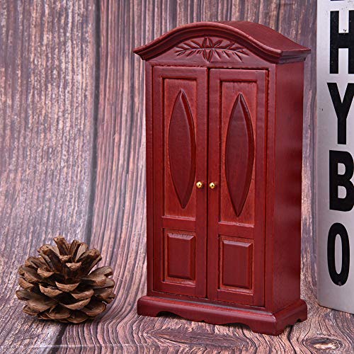 Alomejor Mini Vintage Double Door Closet Wardrobe, 1:12 Scale Dollhouse Furnitur for 1/12 Scale Dollhouse and Dolls (Burgundy)