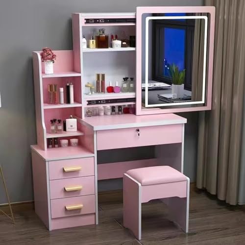 Dressing table vanity with mirror and light, 3 adjustable lighting modes, stool and storage drawers for women and girls, sliding mirror, small vanity table ( Color : White , Size : 34*80*128cm )