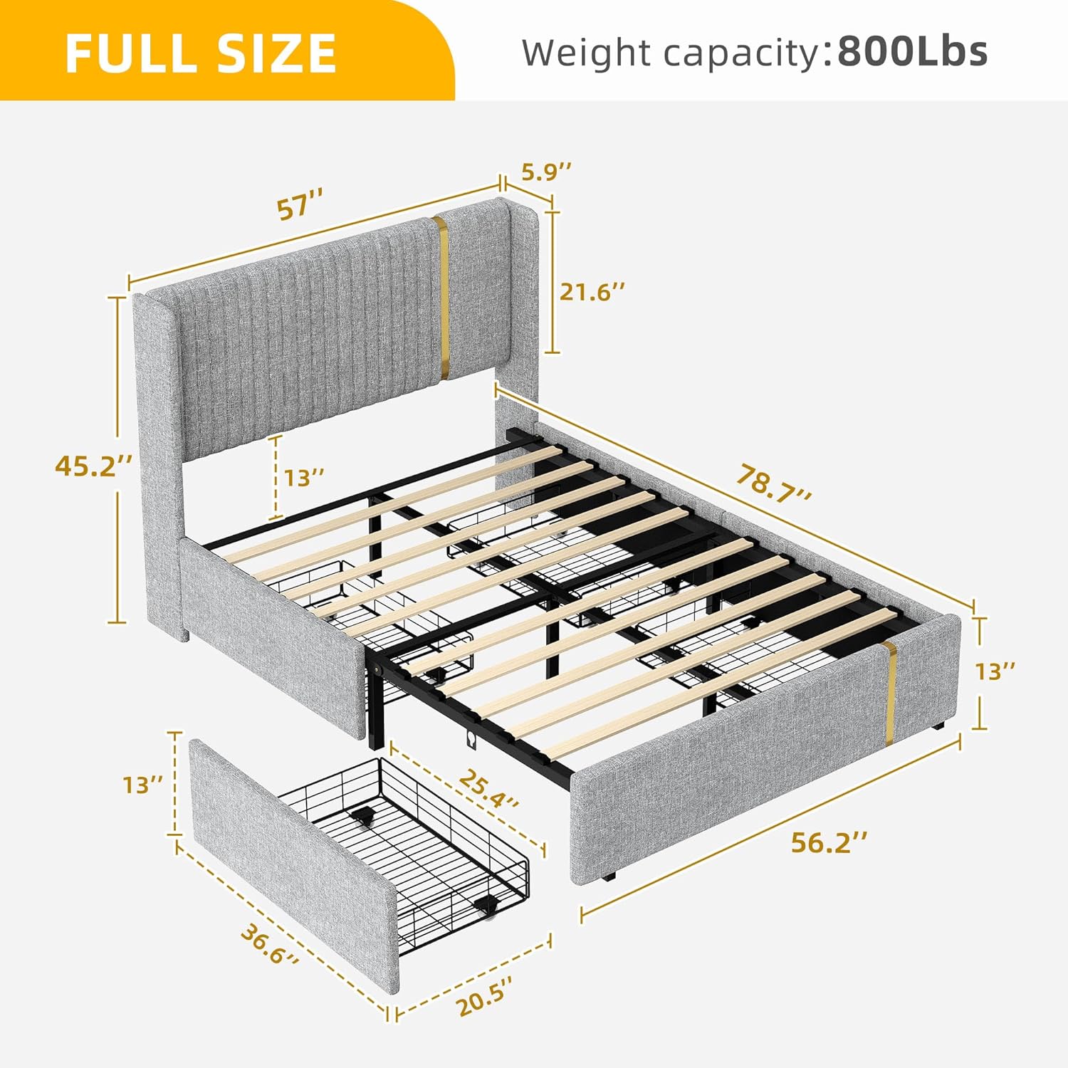 YITAHOME Full Size Bed Frame, Platform Upholstered Bed Frame with Drawers, Storage Metal Bed Frame with Headboard Wingback，Strong Wooden Slats, No Box Spring Needed, Fast Assembly, Gold and Grey
