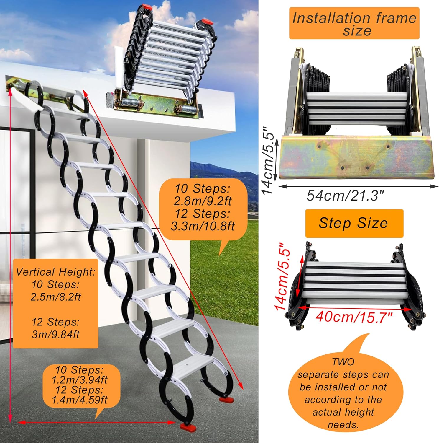 TECHTONGDA Folding Attic Ladder Pull Down Attic Stairs, Narrow Wall-mounted Attic Steps, Retractable Loft Ladder Stairs, 12 Steps Alloy Attic Access Ladder, 9.8feet Max Vertial Height, Folding Stairs
