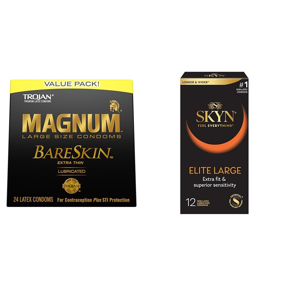 TROJAN Magnum BareSkin Premium Large Condoms, Comfortable and Smooth Lubricated Condoms for Men, America’s Number One Condom, 24 Count Value Pack & SKYN Polyisoprene Large Condoms, Natural, 12 Count