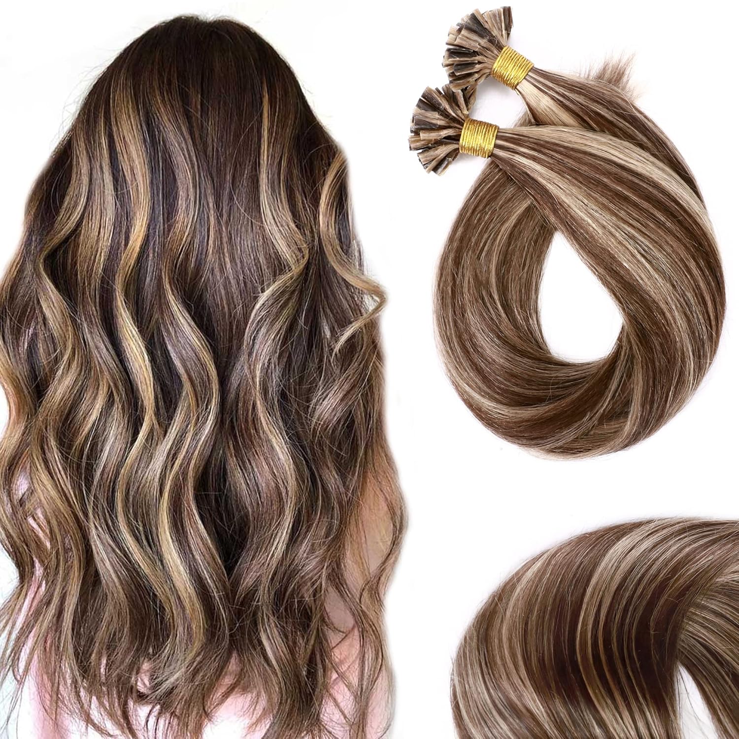 SEGO U Tip Hair Extensions Real Human Hair Pre Bonded Keratin Fusion Nail Tip Hair Balayage Natural Silky Straight Extensions 50 Strands 50g/Pack -18 Inch Medium Brown&Dark Blonde